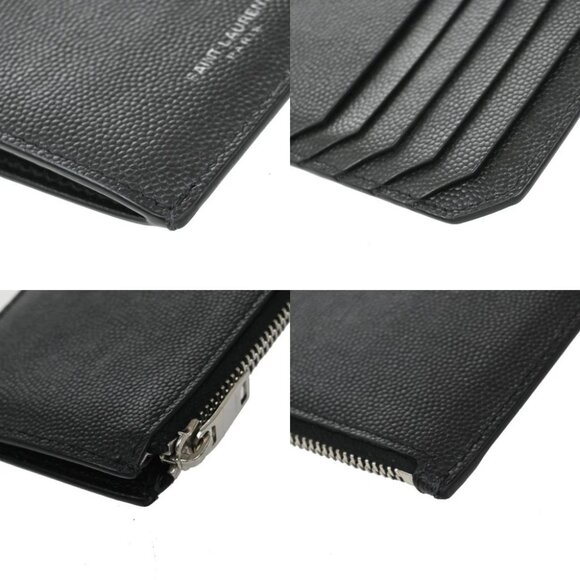 SAINT LAURENT Logo Compact Card Coin Case Wallet Leather Black Italy 60EF917 - Picture 7 of 13
